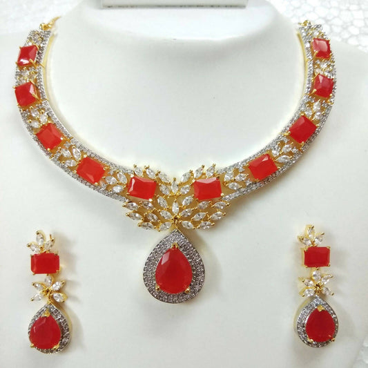 Rhodium Plated Ruby AD Necklace Set