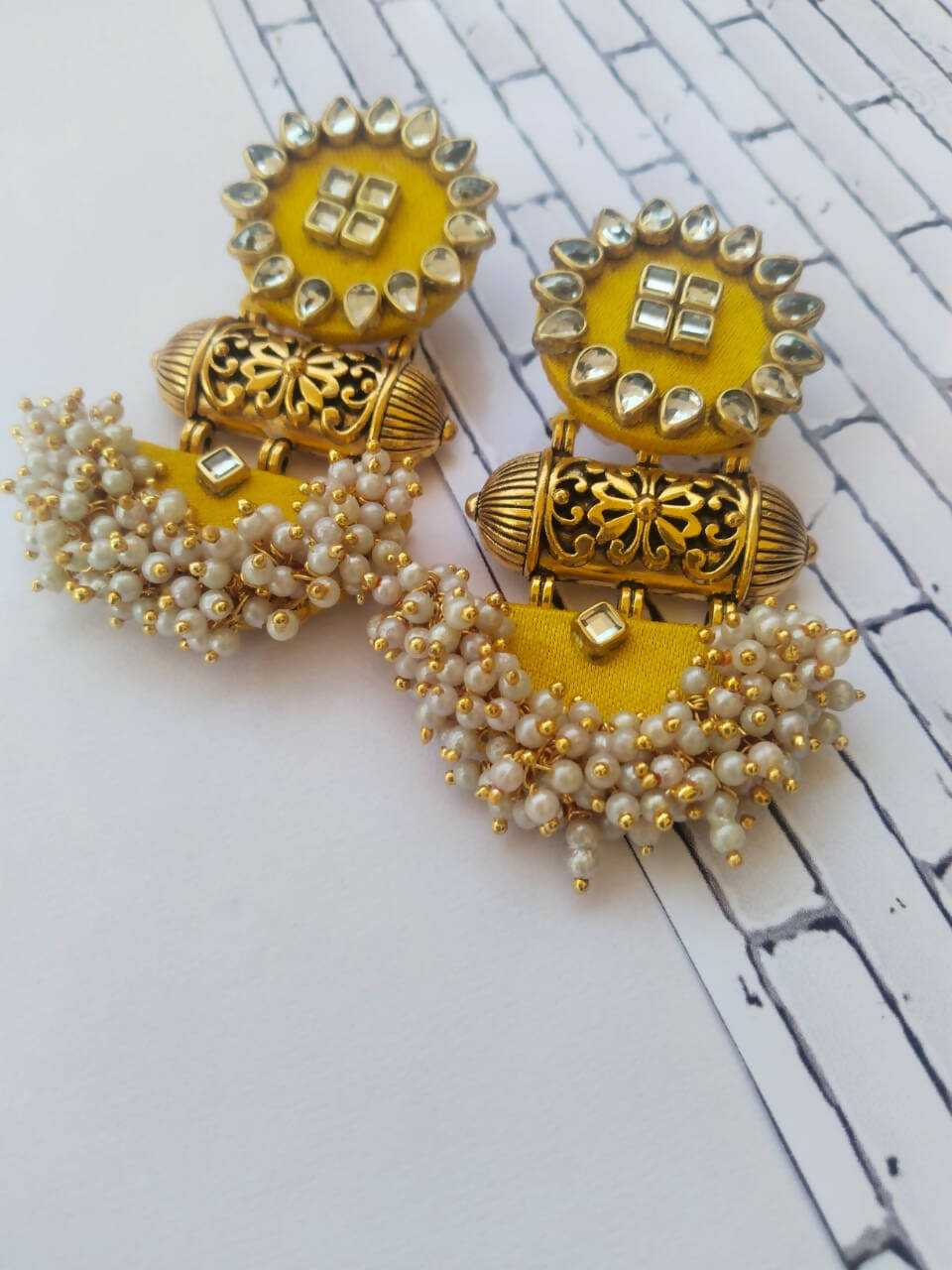 Yellow Kundan and Beads Jhumka