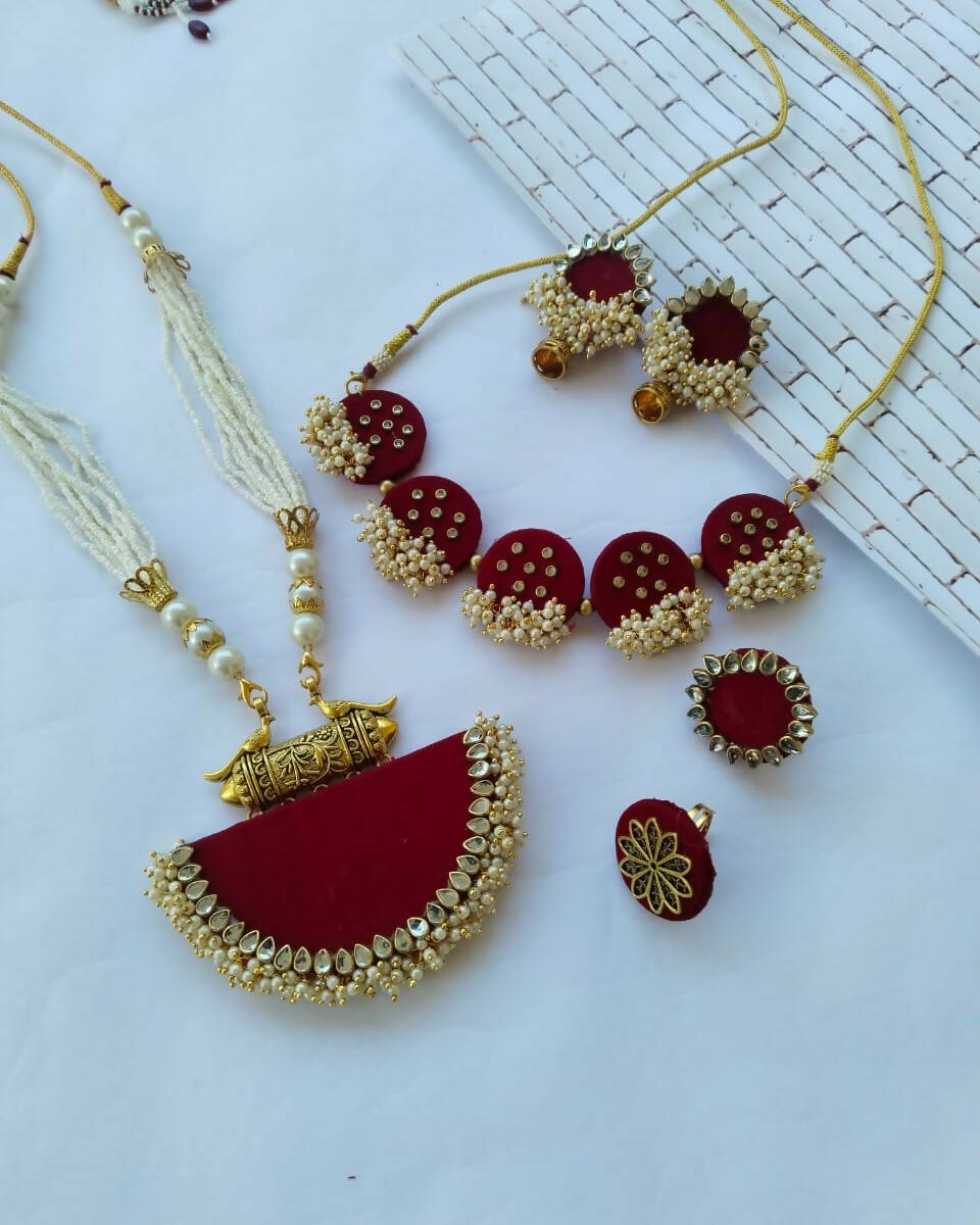 Maroon golden beads choker long necklace and earrings set