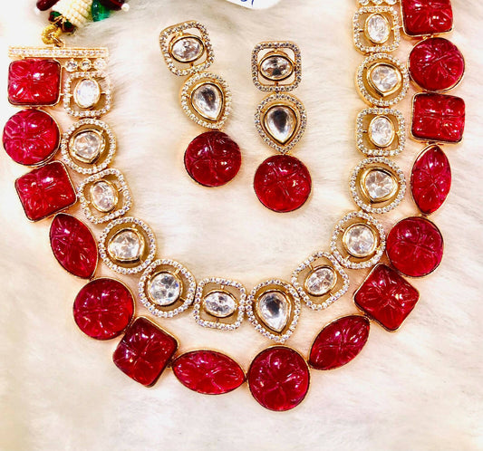 Red Stone and Kundan Necklace Set