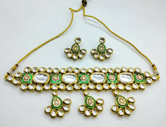 Elegant Lime Green Polki Necklace Set
