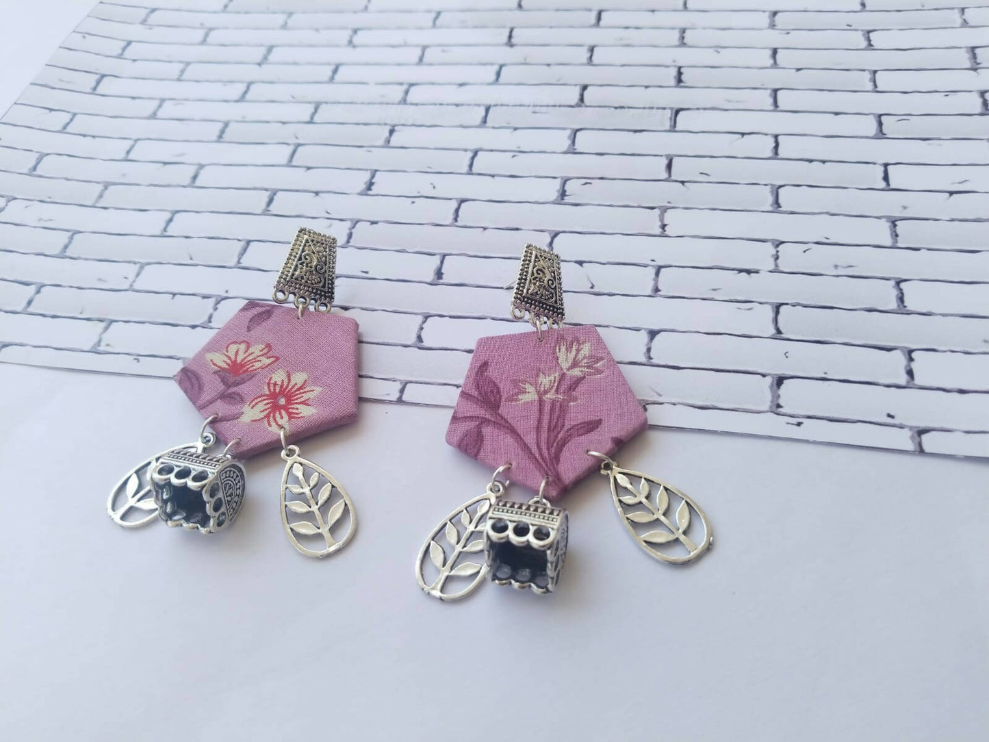 Purple Printed Floral Earrings with Silver Charm Bottom