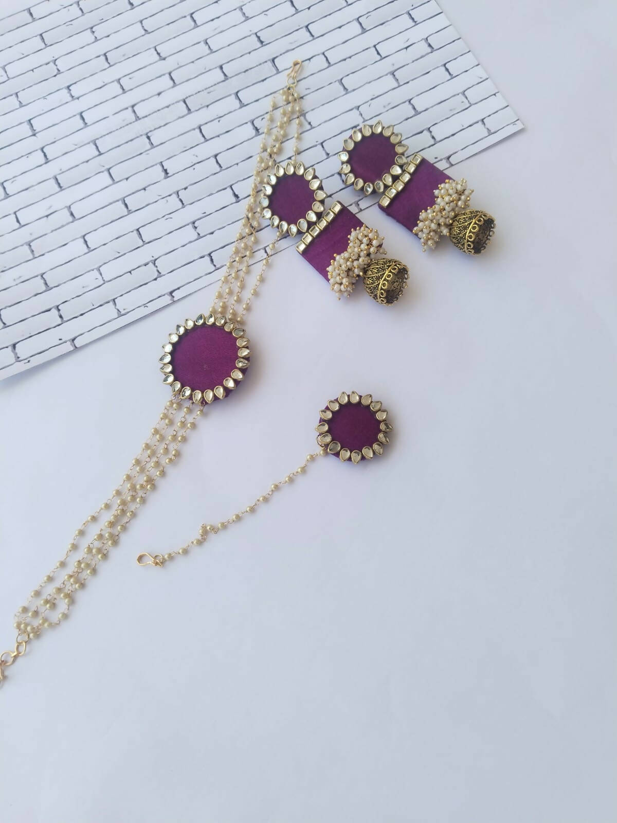 Wine Purple Golden Choker Earrings and Mangtika Set