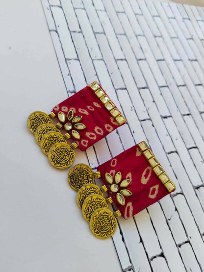 Red Square Kundan Coin Studs Earrings