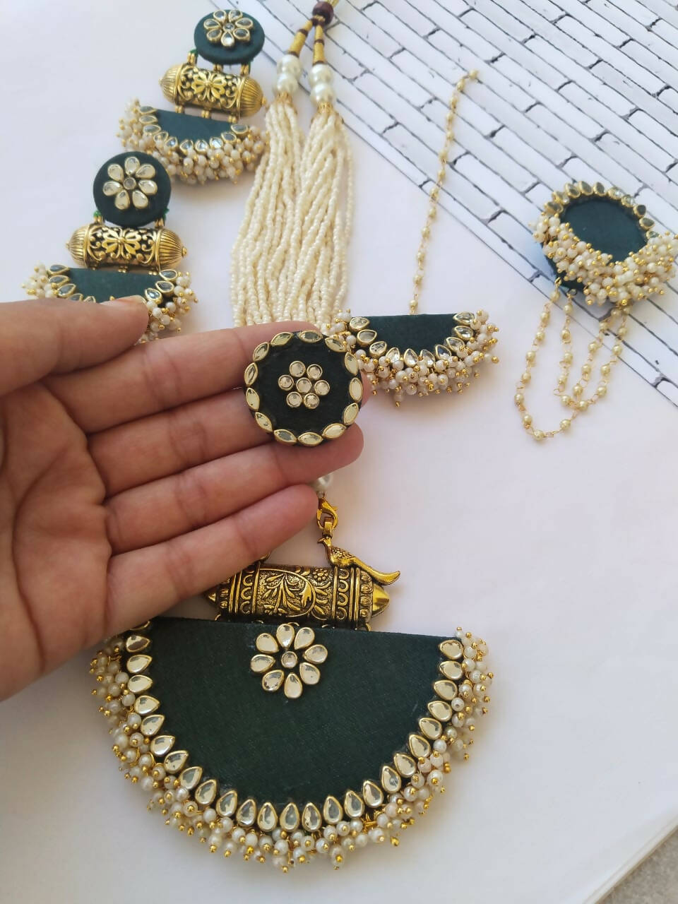 Bottle Green Long Motimala Necklace Earrings Bracelet and Tika Set