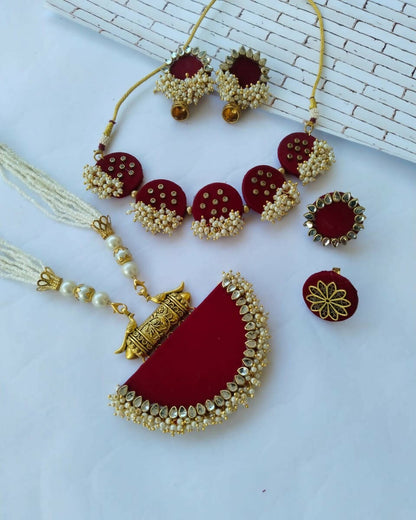 Maroon golden beads choker long necklace and earrings set