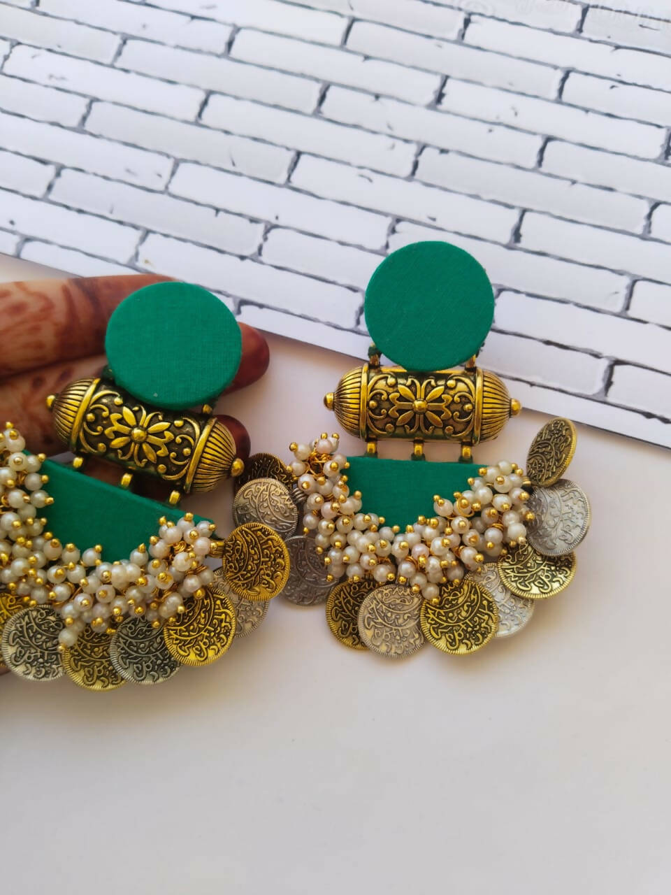 Sea Green Silver and Golden Jhumka Earrings