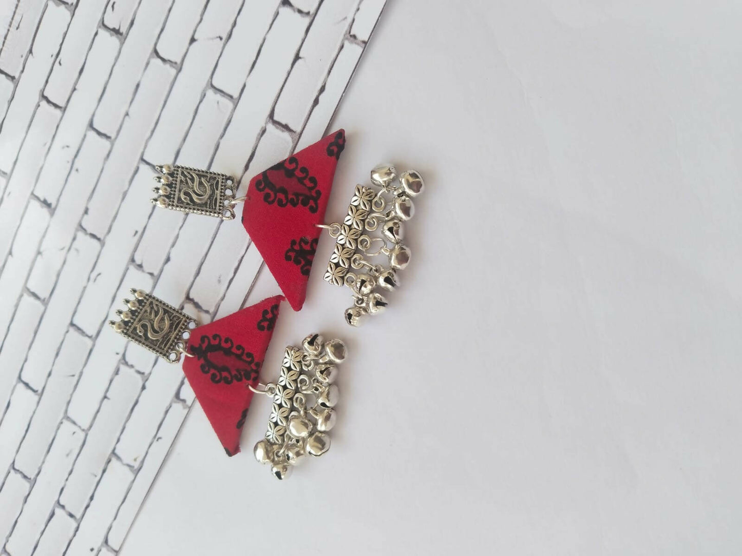 Red Printed Swan and Silver Ghungroo Earrings