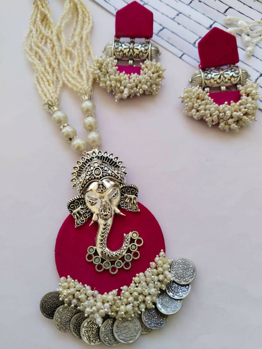 Pink and Silver Beads Ganpati Necklace Set