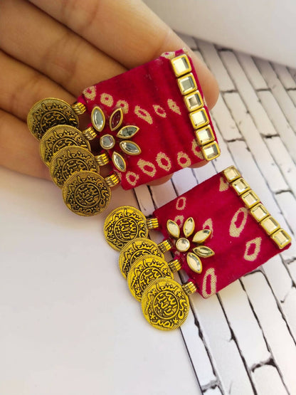 Red Square Kundan Coin Studs Earrings