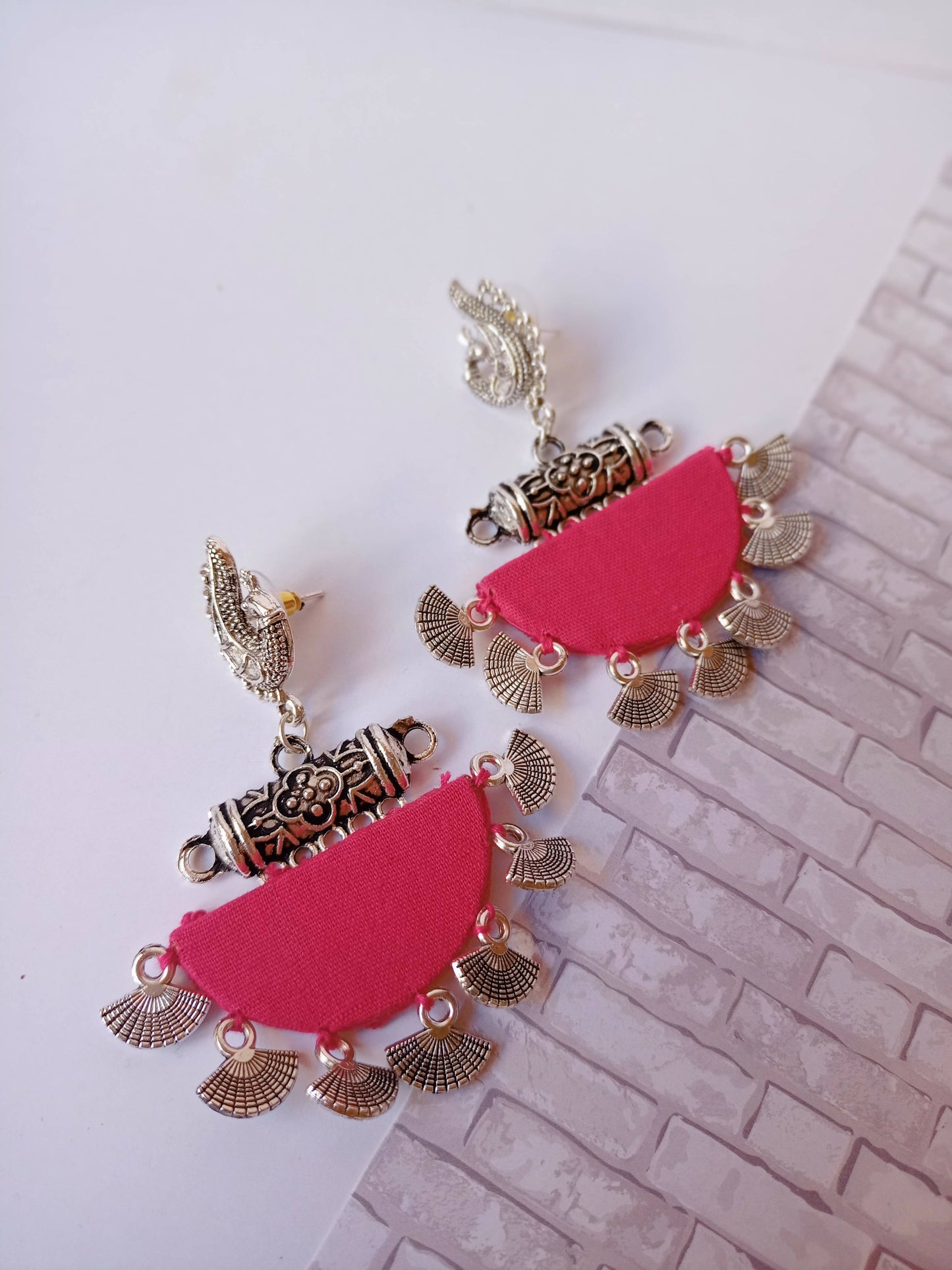 Pink Semi Circular Peacock Silver Oxidised Earrings