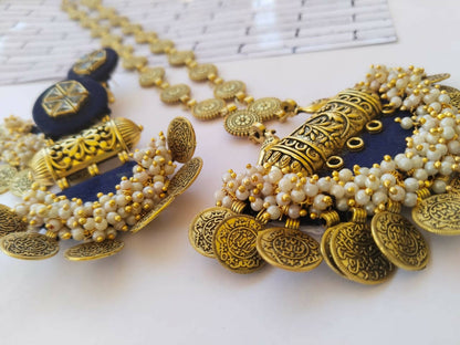 Navy Blue Golden Coins Traditional Necklace Earrings Set