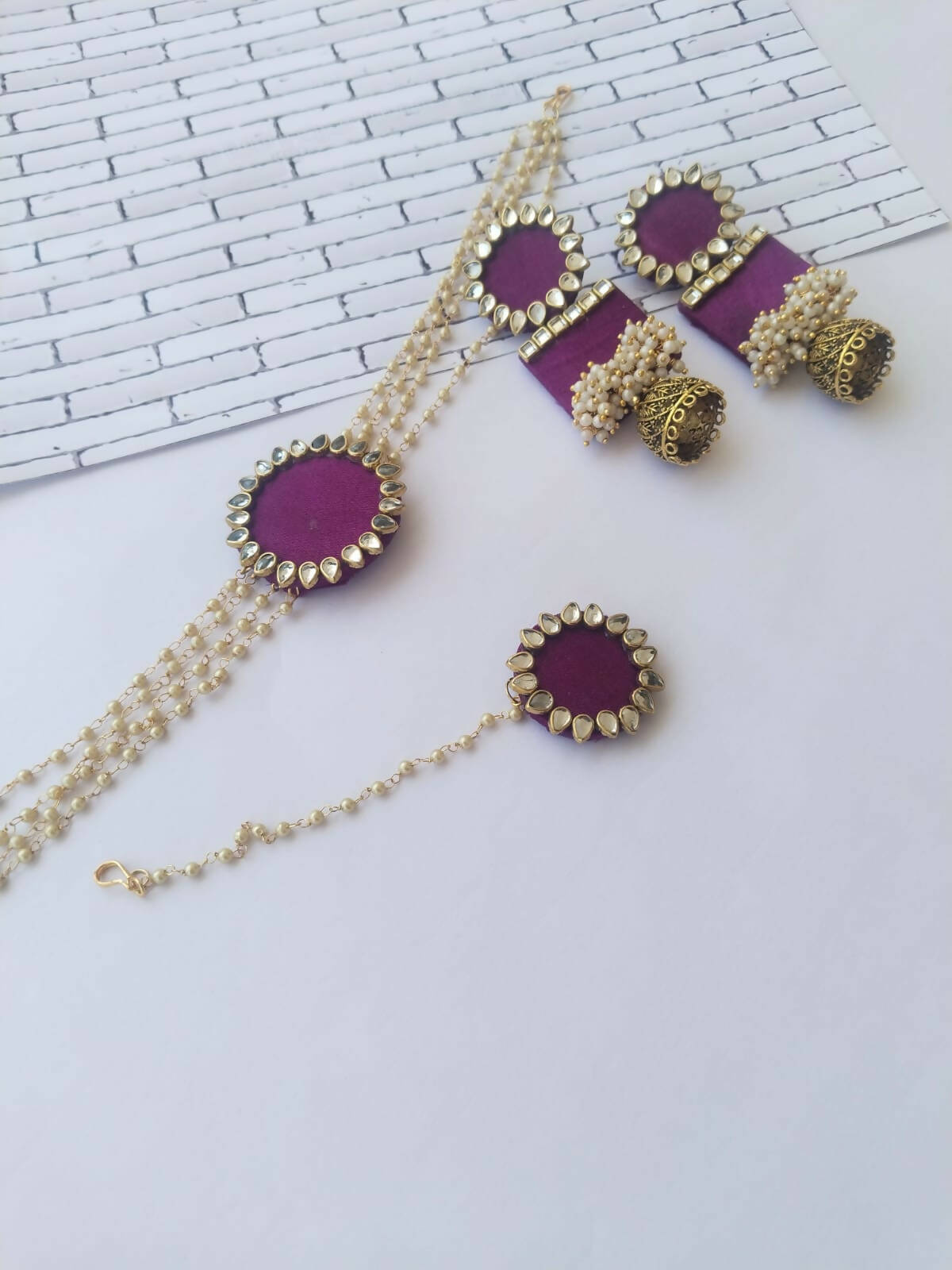 Wine Purple Golden Choker Earrings and Mangtika Set