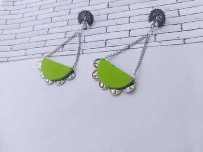 Peacock Green and Silver Chain Long Earrings