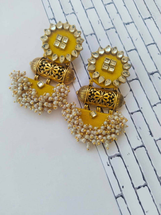 Yellow Kundan and Beads Jhumka