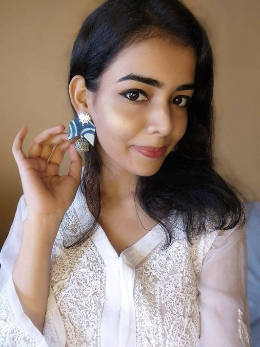 Blue Printed Fabric Lotus Charm Jhumka Earrings