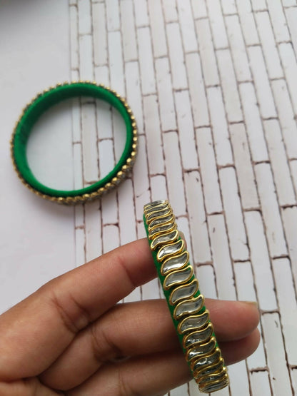 Green Golden Fabric Kundan Bangles Pair For Women