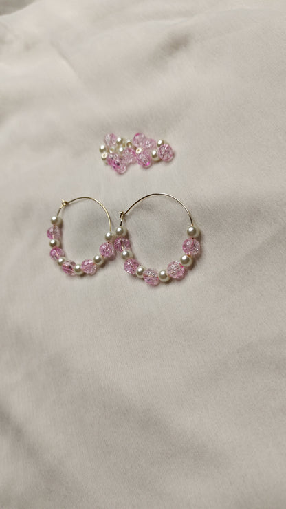 Pink Bead and Pearl Hoop Earrings