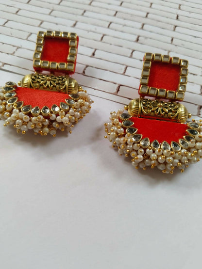 Bright Red Rectangular Beaded Earrings for Women