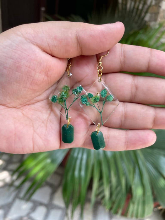 Green baby breath earrings