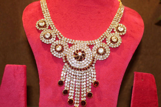 Red Stone Studded Cream Gold Necklace Set