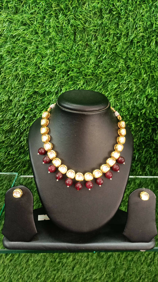 Maroon Gold Plated Kundan Necklace Set