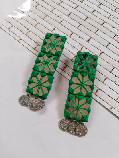 Dark Green Mirror Long Coins Earrings For Women