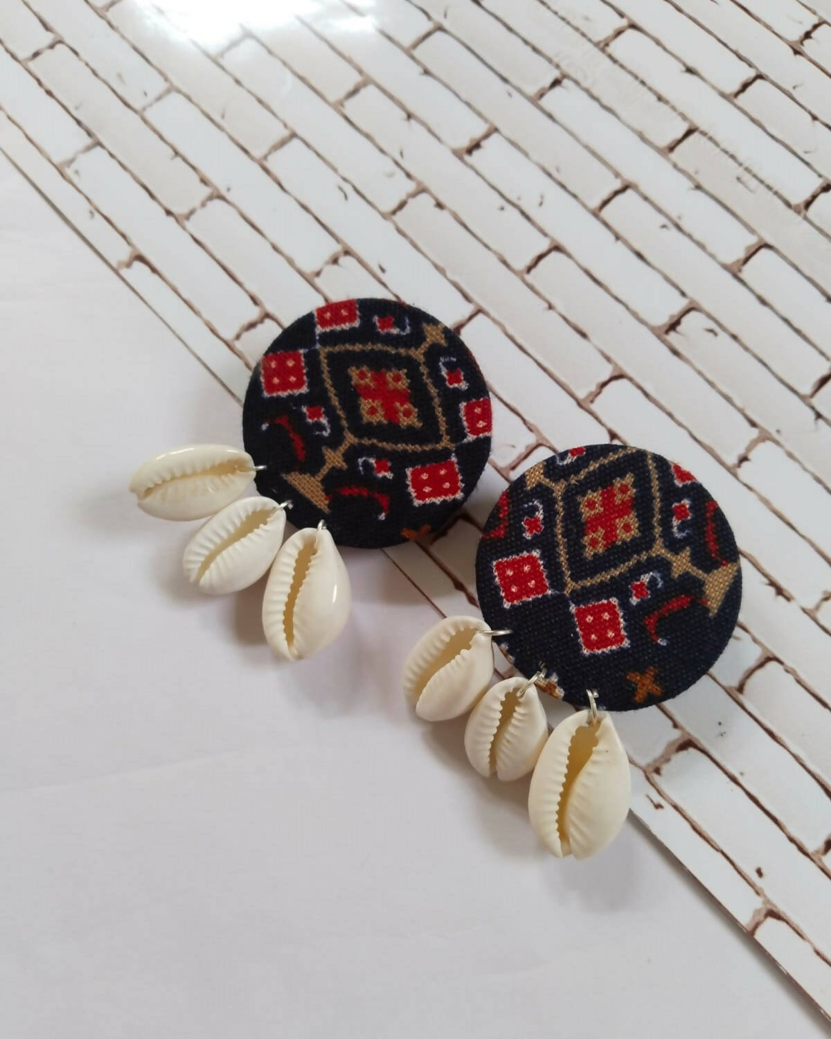 Blue and Red Printed Shells Studs Earrings