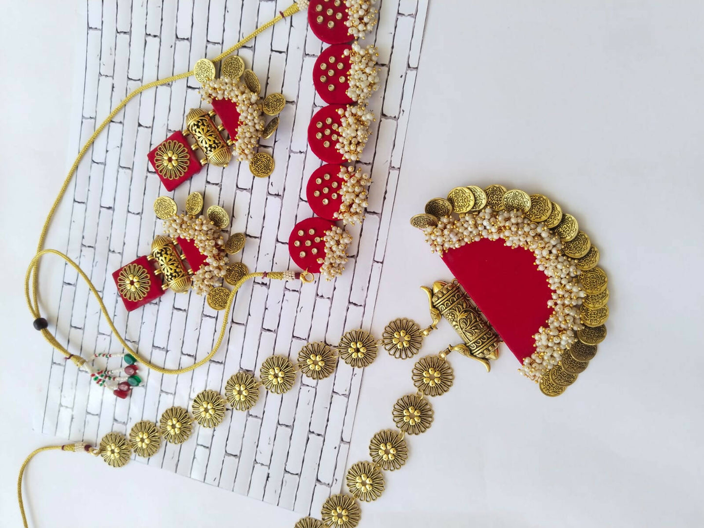 Red Necklace Choker Earrings Set with Kundan and Golden Beads