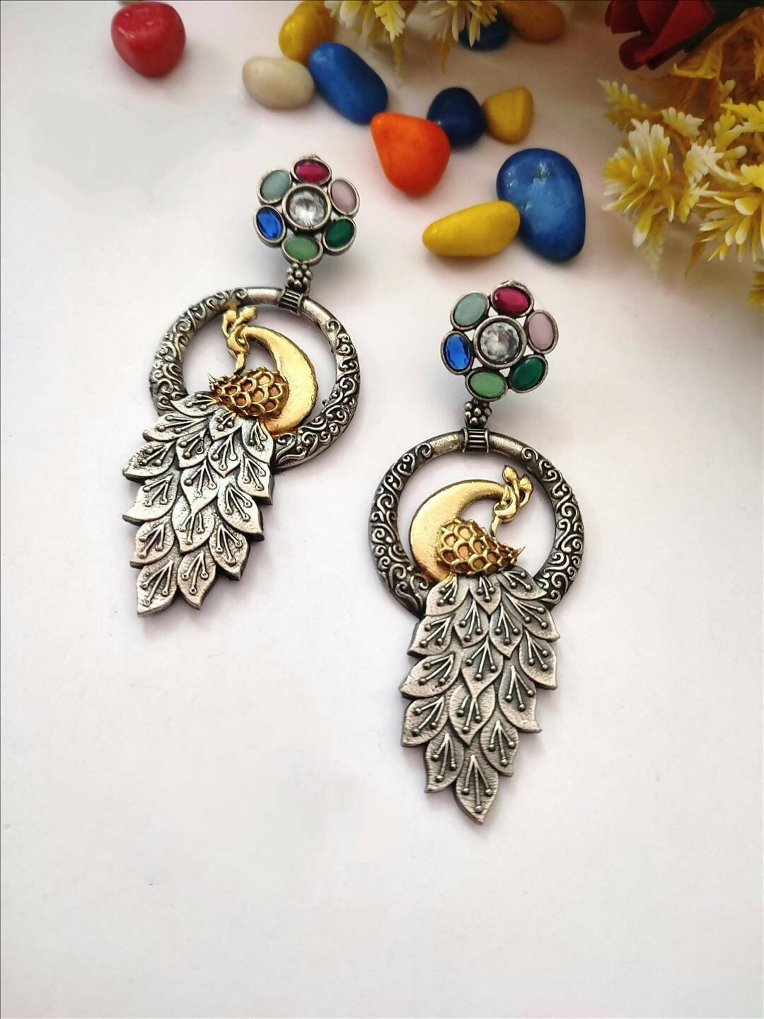 Dual tone peacock earrings