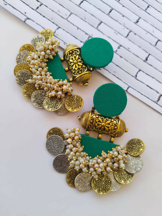 Sea Green Silver and Golden Jhumka Earrings
