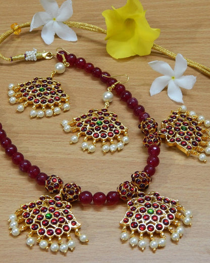 Maroon Kemp Triple Pendant Kemp balls with Maroon Agate beads Necklace Set by Nishna Designs