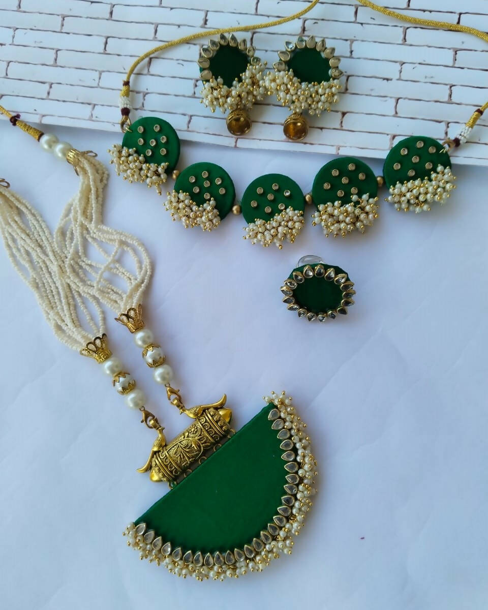 Dark green golden choker long necklace and earrings set