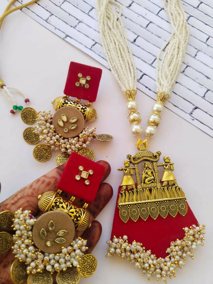 Red and Golden Fabric Kundan Necklace Earrings Set