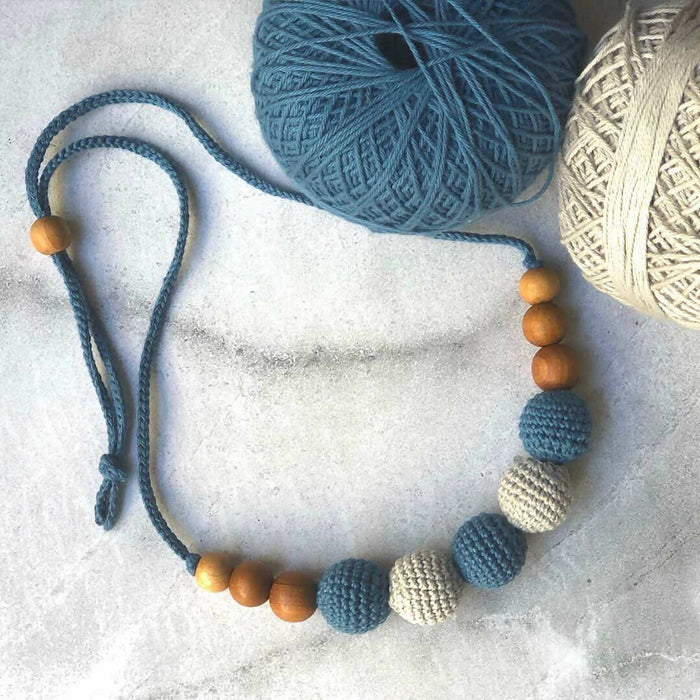 Macrame beaded necklace in blue pastels