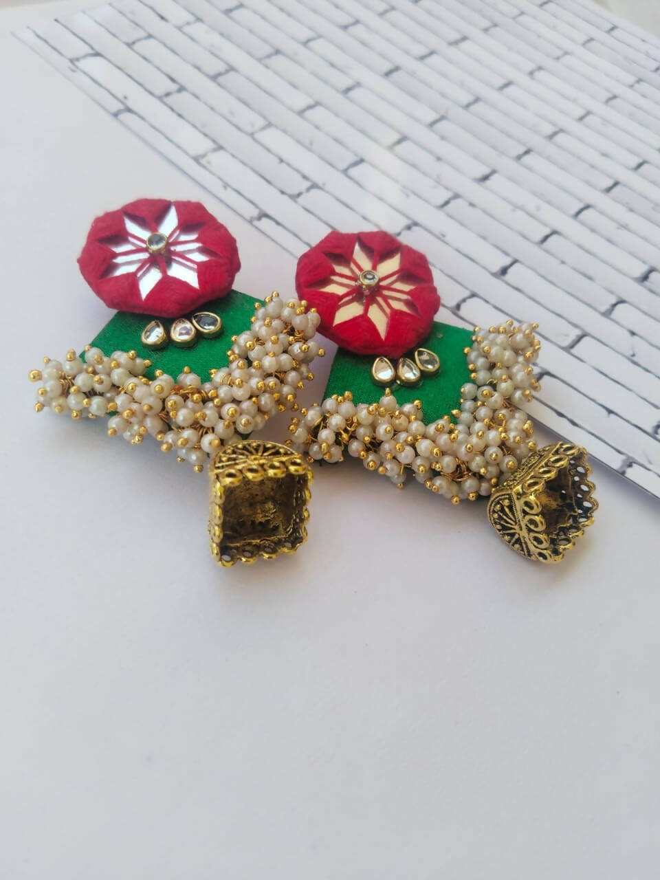 Green and Red Golden Beaded Heavy Long Jhumka