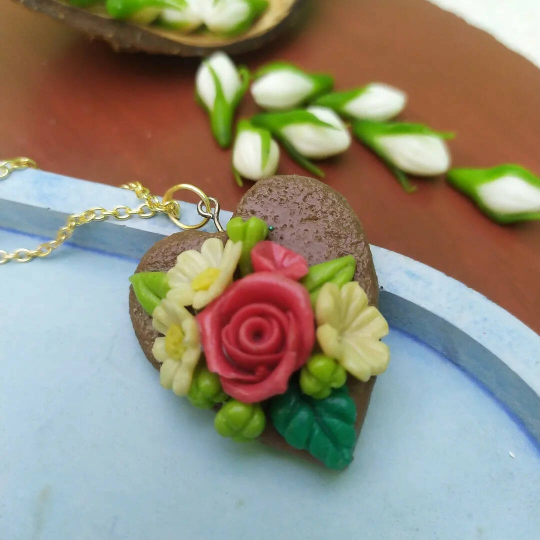 Heart shape with clay rose pendant with chain