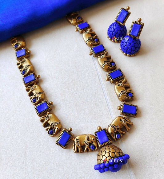 Elephant Design Blue Terracotta Jewellery Set