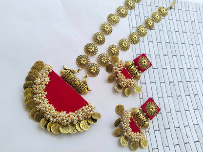 Red Golden Beaded Long Necklace with Earrings Set