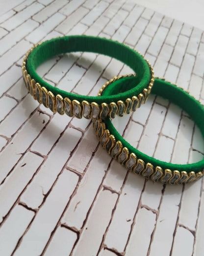 Green Golden Fabric Kundan Bangles Pair For Women