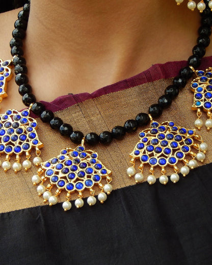 Blue Kemp Pendant with Black Agate beads Necklace Set by Nishna Designs