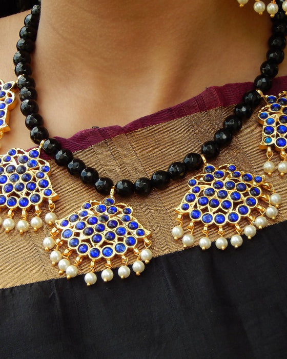 Blue Kemp Pendant with Black Agate beads Necklace Set by Nishna Designs
