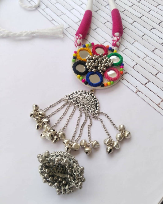 Multicolor Mirror Silver Beads Adjustable Long Ethnic Necklace