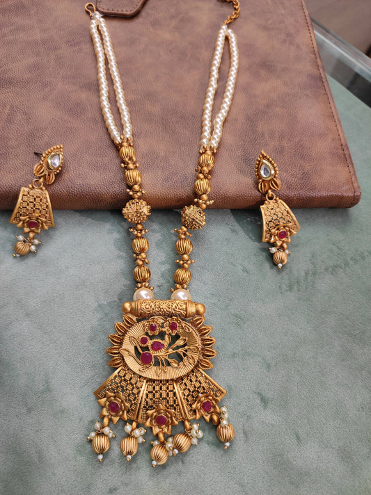 Gold Plated Studded Long Necklace Set