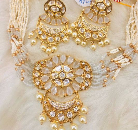 White Beaded Kundan Necklace Set