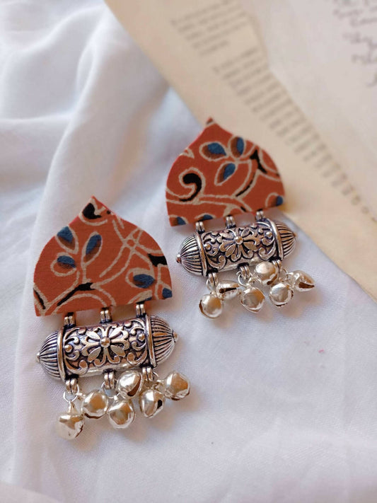Red and Silver Fabric Ghungroo Earrings