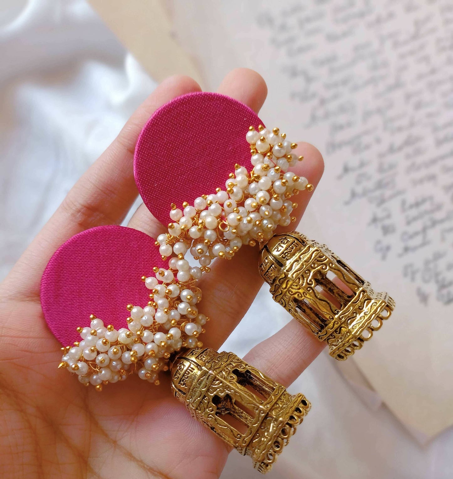 Pink Beaded Earrings with Golden Temple Bottom