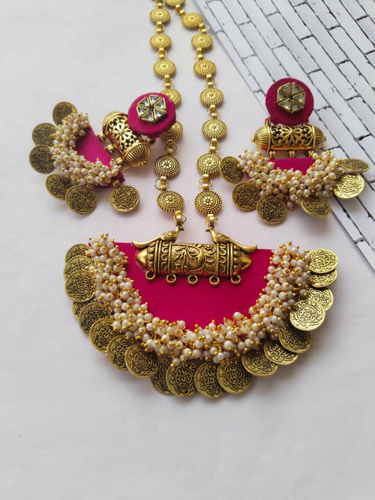 Pink and Golden Coin Traditional Necklace Earrings Set