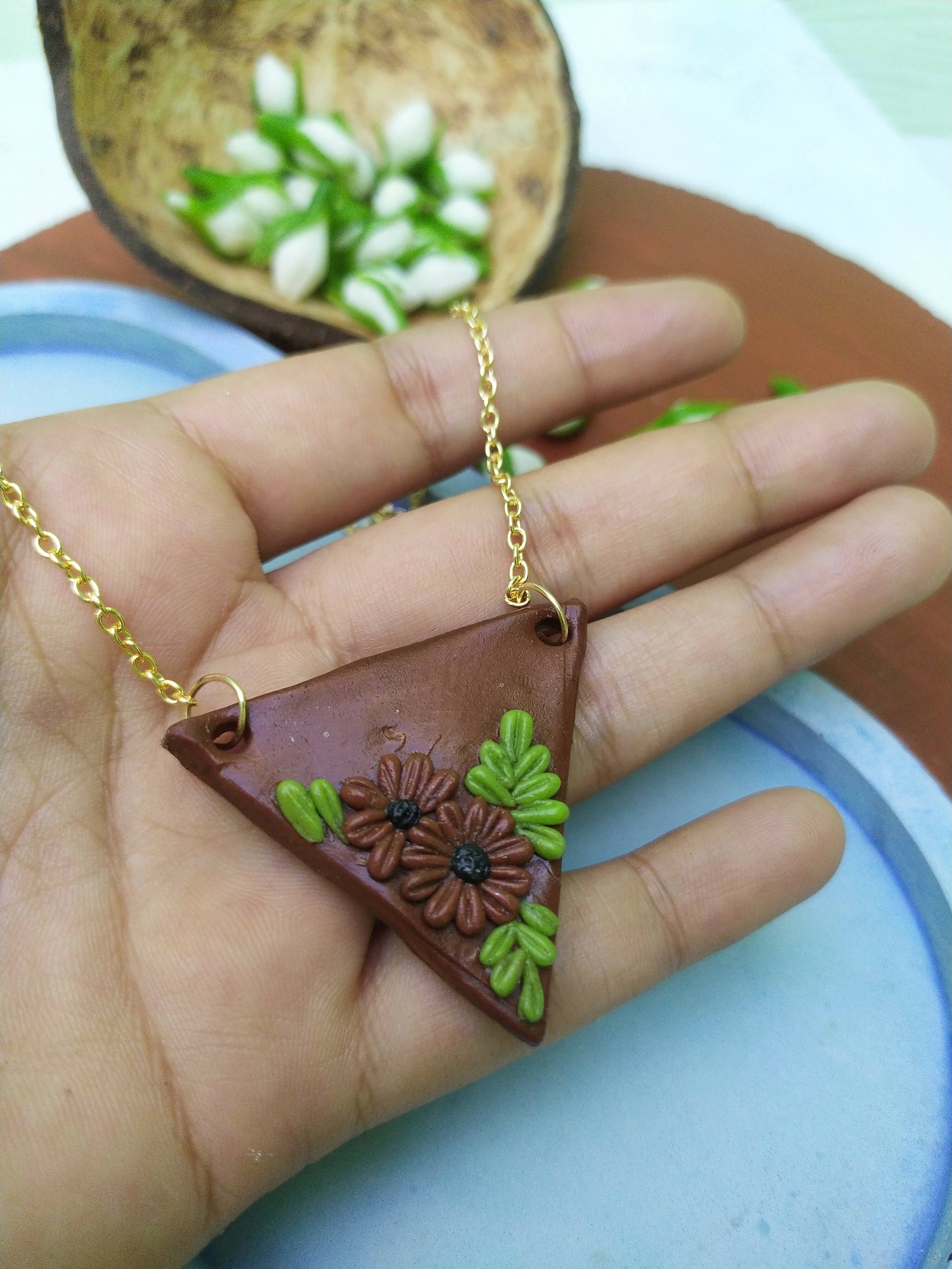 cotton brown colour clay embroidery pendant with chain