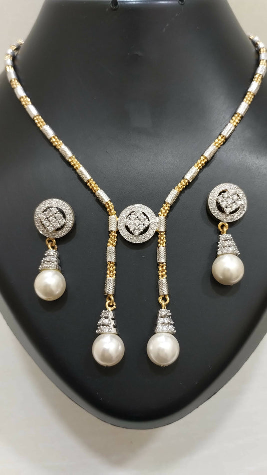 Diamond Studded Pearl Drop Necklace Set